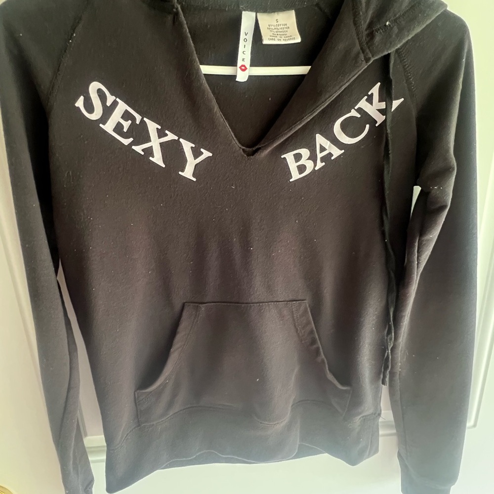 Size Small Black Long Sleeve Hoodie with Bold Neckline Text